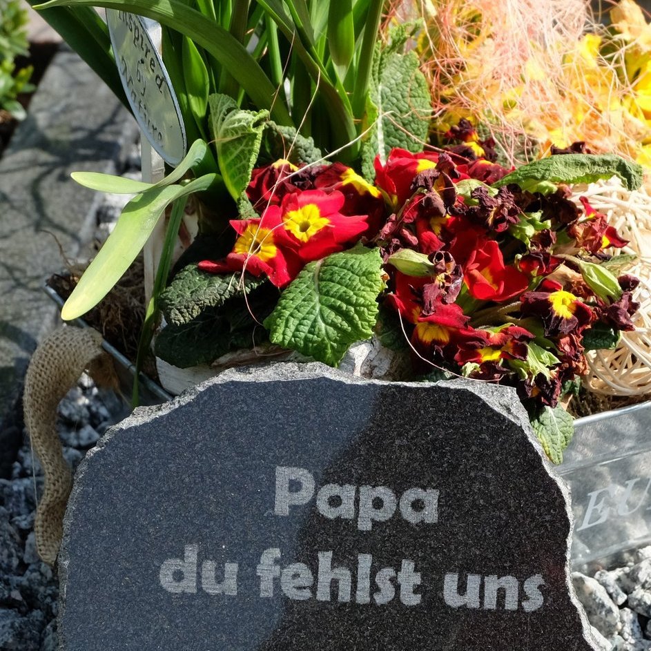 Grabstein mit Aufschrift Papa du fehlst uns, dahinter Blumenschmuck